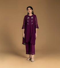 Burgundy Embroidered Festive Co-Ord Set-CO5015