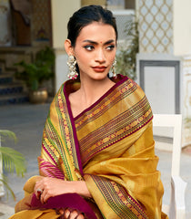 Mango Yellow Handloom Korvai Kanchipuram Silk Saree With Zari Checks & Buttas-KA13916
