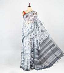 Off White Woven Synthetic Jute Saree With Printed Floral Motifs-BL4169
