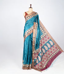 Blue Woven Art Tussar Silk Saree With Printed Floral Motifs-BL4204
