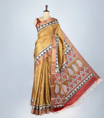 Beige Woven Art Tussar Silk Saree With Printed Floral Motifs-BL4199