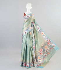 Aquamarine Woven Art Tussar Saree With Printed Floral Motifs-BL3946