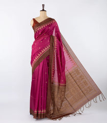 Hot Pink Woven Synthetic Dupion Saree With Floral Motifs & Contrast Border-BL4531