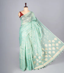 Turquoise Woven Synthetic Supernet Saree With Floral Motifs-BL4239