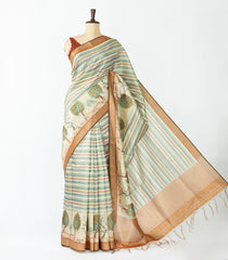 Cream Woven Synthetic Dupion Saree With Stripes & Printed Motifs-BL4409
