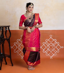 Dark Brown Handloom Korvai Kanchipuram 9 Yards Silk Saree With Contrast Border-KA15966