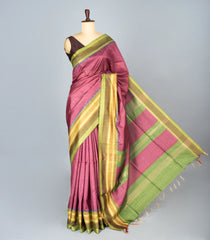 Dusty Pink Woven Synthetic Dupion Saree With Contrast Border-BL4343