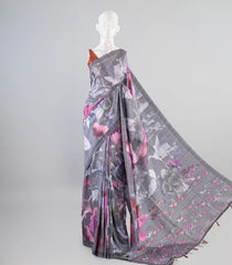 Dark Grey Woven Art Tussar Saree With Printed Floral Motifs-BL3962