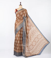 Brown Woven Synthetic Dola Silk Saree With Stripes & Printed Motifs-BL4466