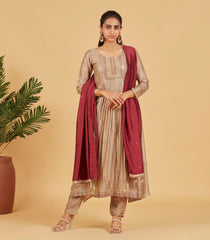 Taupe Kurta Set With Contrast Wine Dupatta