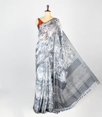 Off White Woven Synthetic Jute Saree With Printed Floral Motifs-BL4174
