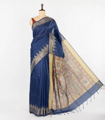 Dark Blue Woven Synthetic Tussar Saree With Printed Madhubani Motifs-BL4532
