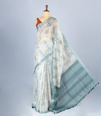 Off White Woven Synthetic Jute Saree With Printed Floral Motifs-BL4171