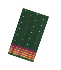 Bottle Green Handloom Gadwal Silk Cotton Saree With Buttas & Contrast Border-GA0223