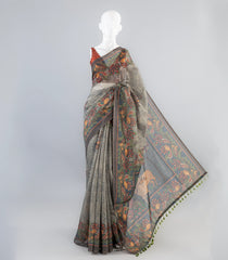 Dark Grey Woven Art Chanderi Saree With Printed Bird Motifs-BL3943