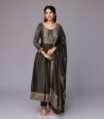 Olive Green & Gold Embroidered Festive Anarkali Set-RC5597