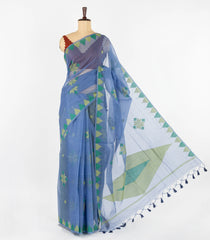 Blue Woven Synthetic Tussar Saree With Floral Motifs & Temple Border-BL4535