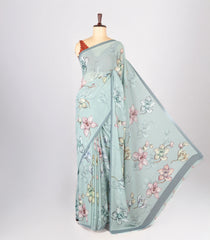 Turquoise Woven Synthetic Georgette Saree With Printed Floral Motifs-BL4218