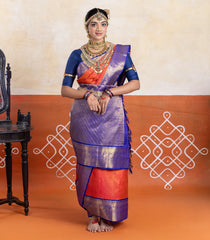 Orange Handloom Korvai Kanchipuram 9 Yards Silk Saree With Stripes & Contrast Border-KA13408