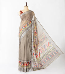 Grey Woven Synthetic Linen Saree With Printed Bird Motifs-BL4405