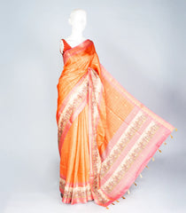 Peach Woven Art Tussar Silk Saree With Checks & Floral Motifs-BL3911