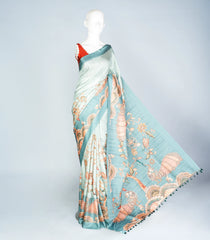 Steel Blue Woven Art Tussar Silk Saree With Printed Kalamkari Motifs-BL3881