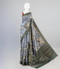 Grey Woven Art Tussar Saree With Printed Floral Motifs-BL3963