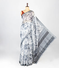 Off White Woven Synthetic Jute Saree With Printed Floral Motifs-BL4173