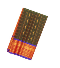 Dark Olive Handloom Gadwal Silk Cotton Saree With Checks & Buttas-GA0215