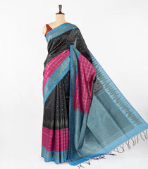 Black Woven Synthetic Dupion Saree With Checks & Floral Motifs-BL4470