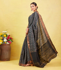 Black Handloom Tussar Silk Saree With Printed Stripes Motifs