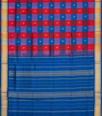 Red & Blue Handloom Silk Cotton Saree With Checks & Zari Buttas-SC4611