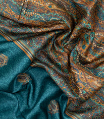 Cyan Printed Tussar Silk Saree With Printed & Embroidered Floral Motifs-TU3794
