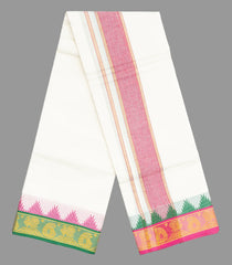 Cream 9 x 5 Cotton Dhoti With Green And Pink Animal Border-CD1509