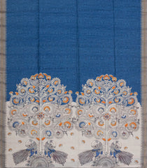 Blue Printed Synthetic Tussar Silk Saree With Contrast Temple Border-SY0116