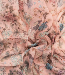 Baby Pink Woven Pure Chiffon Silk Saree With Printed Floral & Peacock Motifs-PS0587