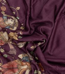 Burugndy Printed Tussar Silk Saree With Kalamkari Motifs-TU3607