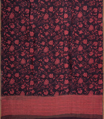 Black Handloom Linen Saree With Printed Red Floral Motifs-LI0785