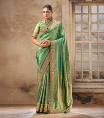 Green Woven Blended Silk Saree With Zircon Border-EN1969