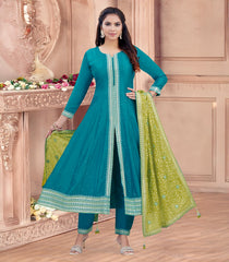 Teal Blue and Lime Green Festive Anarkali Set-RC5505