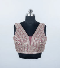 Dusty Pink Embroidered Blended Raw Silk Readymade Sleeveless Blouse RB5198