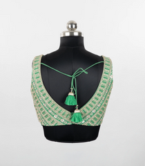 Green Embroidered Blended Raw Silk Readymade Sleeveless Blouse RB5209