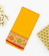 Yellow Handloom Plain Banarasi Silk Saree With Red Border