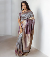 Grey Woven Art Tussar Silk Saree With Rising Border-BL3918