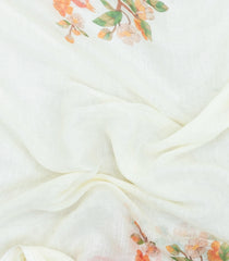 White Printed Synthetic Linen Saree With Bird Motifs-SY0174