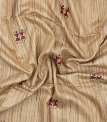 Beige Printed Tussar Silk Saree With Maroon Tribal Motifs & Contrast Border-TU3776