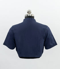 Navy Blue Chinese Collar Cotton Blouse-RB5232