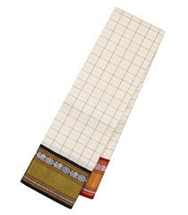 White Handloom Korvai Kanchipuram Silk Saree With Checks & Ganga Jamuna Border-KA14056