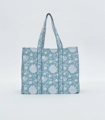 Light Blue Bagru Printed Handmade Cotton Quilted Tote Bag-ACS1035