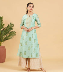 Aqua Green Floral Printed Festive Kurta